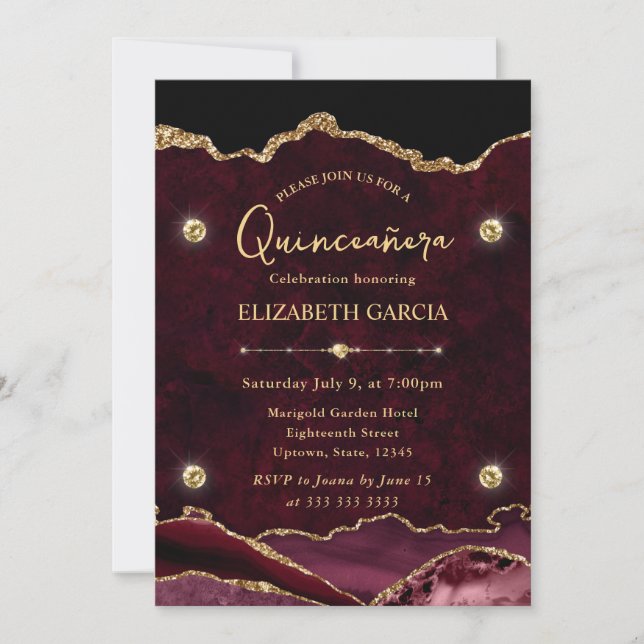 Elegant Red and Gold Glitter Agate Quinceanera Invitation (Front)