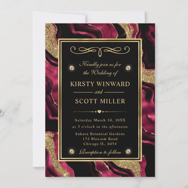 Elegant Red and Gold Glitter Agate Wedding Invitation (Front)