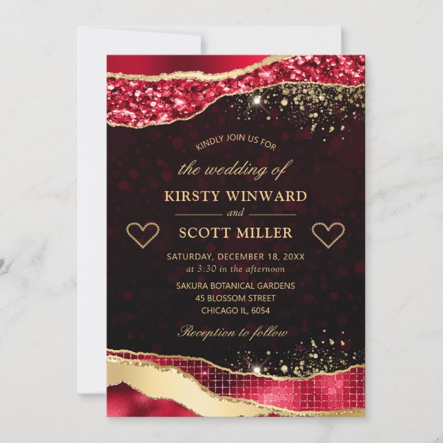 Elegant Red and Gold Glitter Glam Tears Wedding Invitation (Front)