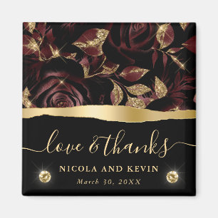 Elegant Red and Gold Glitter Rose Floral Wedding Magnet