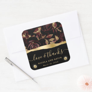 Elegant Red and Gold Glitter Rose Floral Wedding Square Sticker