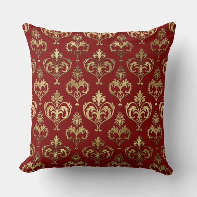 Elegant Red and Gold Hearts Valentine's Damask Cushion (Front)