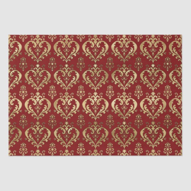Elegant Red and Gold Hearts Valentine's Damask Tissue Paper (Front)