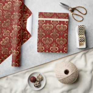 Elegant Red and Gold Hearts Valentine's Damask Wrapping Paper