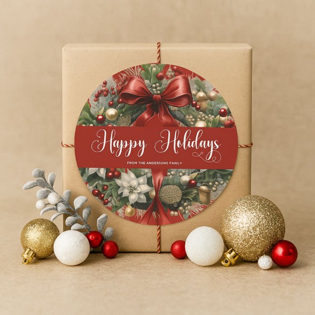Elegant Red and Gold Holiday Wreath Round Sticker (Creator Uploaded)
