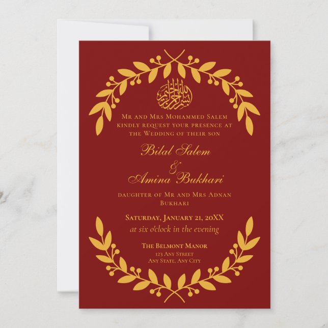 Elegant Red and Gold Leaf Islamic Wedding Invitation (Front)
