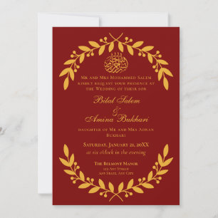 Elegant Red and Gold Leaf Islamic Wedding Invitation