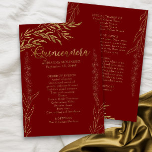 Elegant Red and Gold Leaf Quinceanera Programme