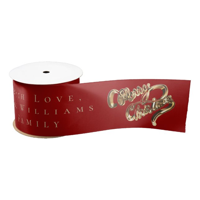 Elegant Red and Gold Look Script Merry Christmas  Satin Ribbon (Spool)