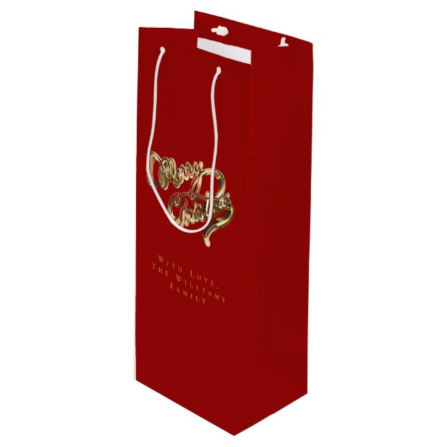 Elegant Red and Gold Look Script Merry Christmas Wine Gift Bag (Front Angled)