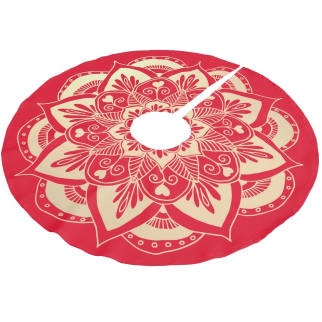Elegant Red and Gold Mandala Boho Christmas Brushed Polyester Tree Skirt (Angled)