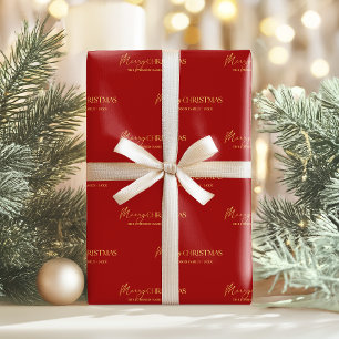 Elegant Red and Gold Merry Christmas Family Name Wrapping Paper