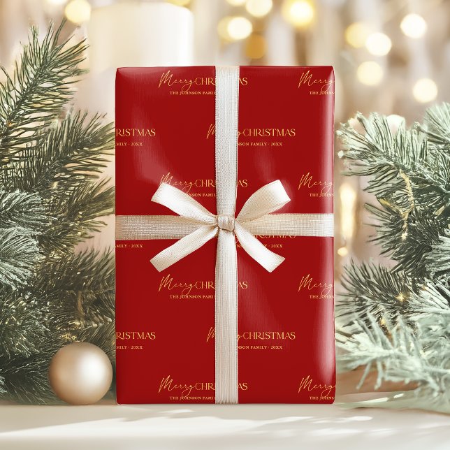 Elegant Red and Gold Merry Christmas Family Name Wrapping Paper (Add a personal touch to your christmas gifts with personalized red and gold-effect text gift wrap)