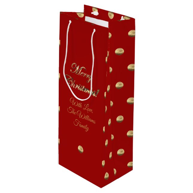 Elegant Red and Gold Polka Dots Pattern Add Name Wine Gift Bag (Front Angled)