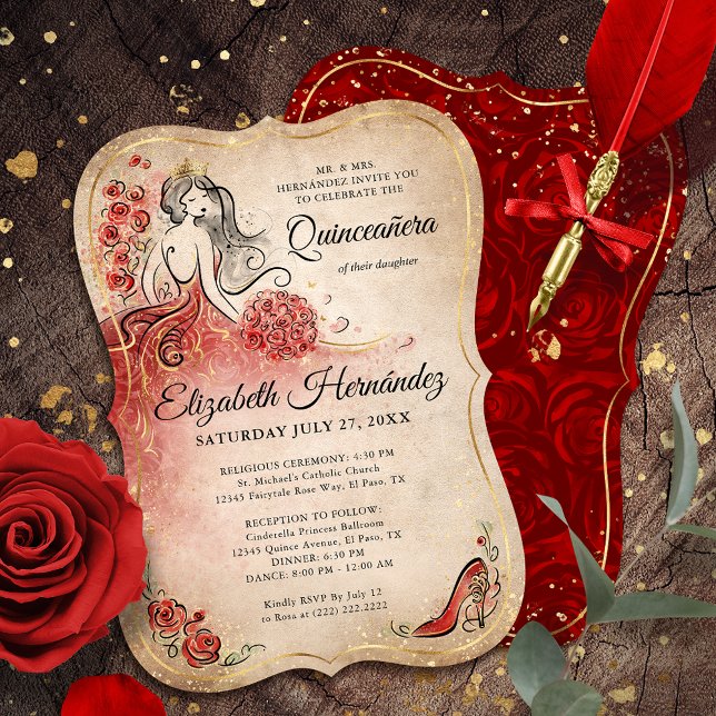 Elegant Red and Gold Princess Quinceanera Birthday Invitation (Elegant princess red and gold quinceanera invitations that can be personalized by you.)
