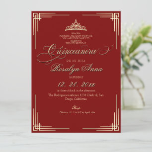 Elegant Red and Gold Princess Quinceañera Invitation