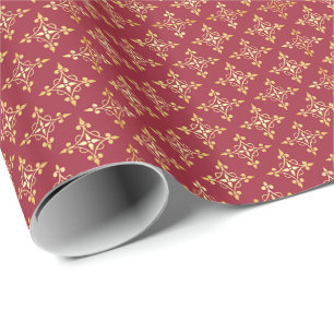 Elegant Red and Gold Quatre Floral Festive Damask Wrapping Paper