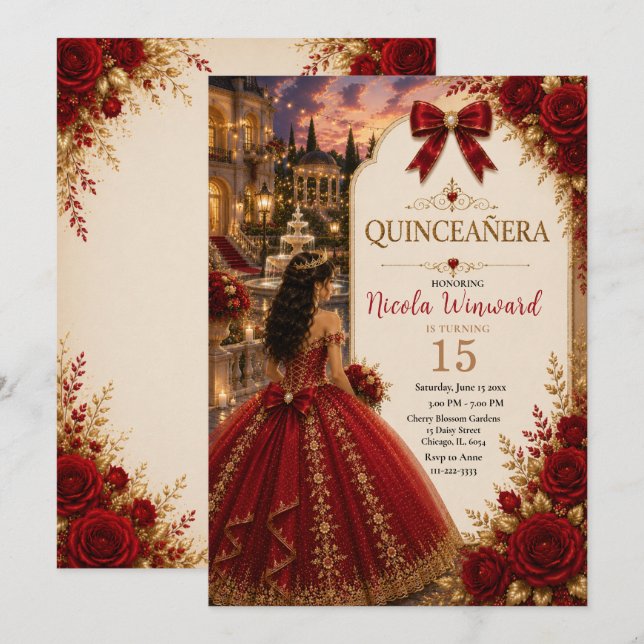 Elegant Red and Gold Quince Invitation (Front/Back)