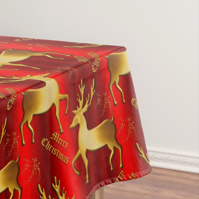 Elegant Red and Gold Reindeer Christmas Tablecloth (In Situ)