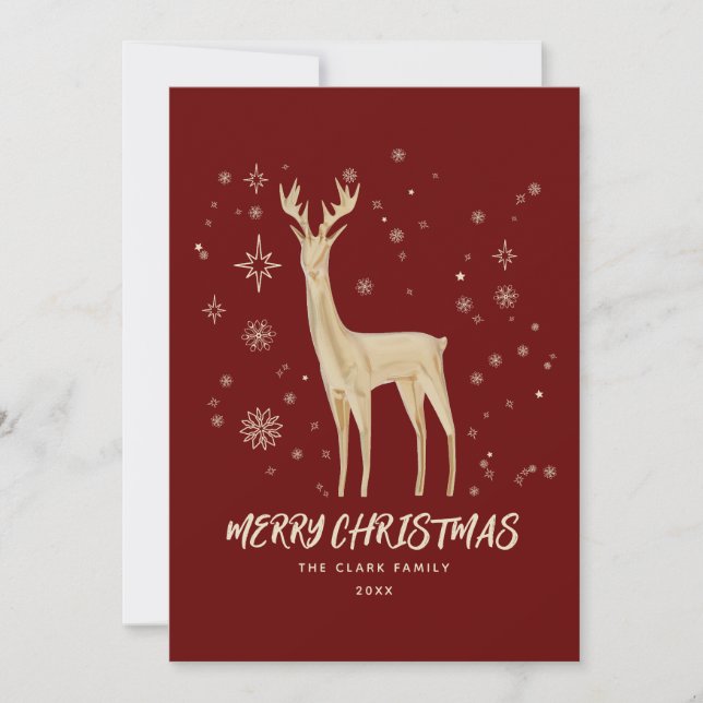 Elegant Red and Gold Reindeer Merry Christmas Holiday Card (Front)