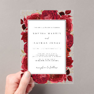 Elegant Red And Gold Rose Clear Wedding Acrylic Invitations