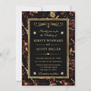 Elegant Red and Gold Rose Floral Pattern Wedding Invitation