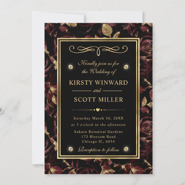 Elegant Red and Gold Rose Floral Pattern Wedding Invitation (Front)