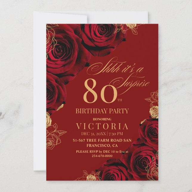 Elegant Red and Gold Roses 80th Birthday  Invitation (Front)