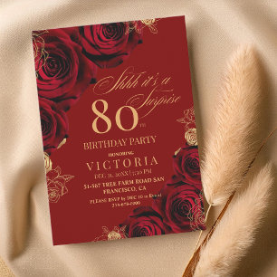 Elegant Red and Gold Roses Floral 80th Birthday Invitation