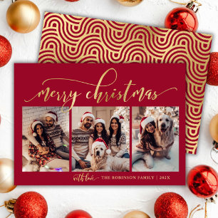 Elegant Red and Gold Script 3 photo Christmas  Holiday Card