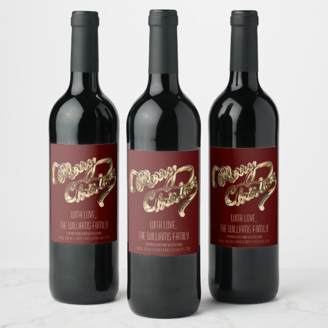 Elegant Red and Gold Script Merry Christmas Wine Label (Bottles)