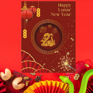Elegant Red and Gold Snake Lunar New Year Postcard
