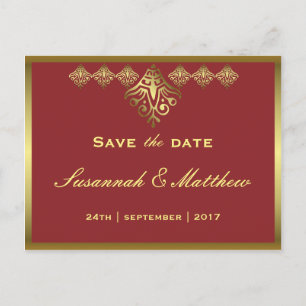 Elegant Red and Gold Wedding Announcement Postcard