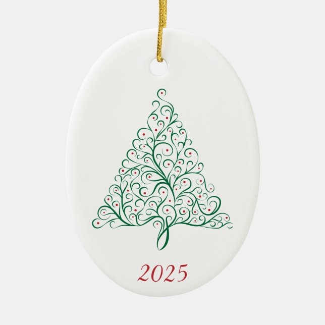 Elegant Red and Green Calligraphy Christmas Tree Ceramic Tree Decoration (Front)