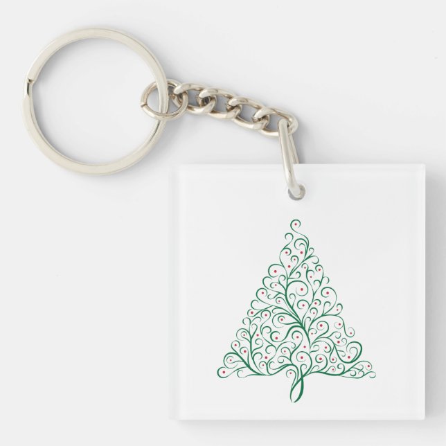 Elegant Red and Green Calligraphy Christmas Tree Key Ring (Front)