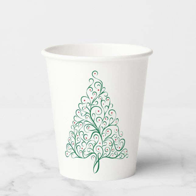 Elegant Red and Green Calligraphy Christmas Tree Paper Cups (Front)