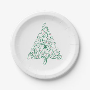 Elegant Red and Green Calligraphy Christmas Tree Paper Plate