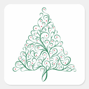 Elegant Red and Green Calligraphy Christmas Tree Square Sticker