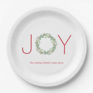 Elegant Red and Green Joy Wreath Christmas Party Paper Plate