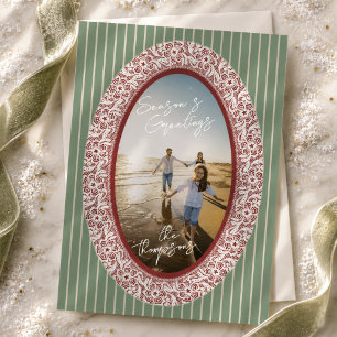 Elegant Red and Green Lace Oval Frame Photo Holiday Card
