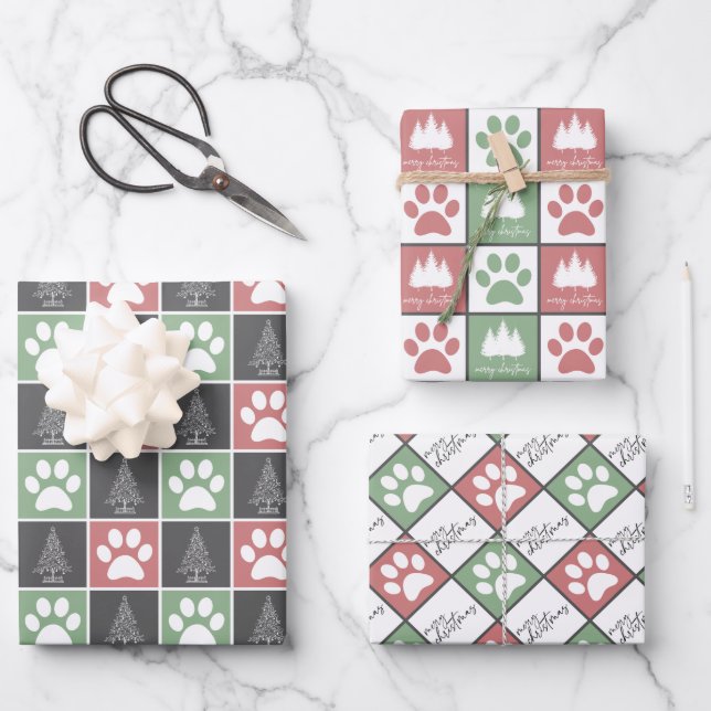 Elegant Red and Green Paw print Christmas pattern  Wrapping Paper Sheet (Front)