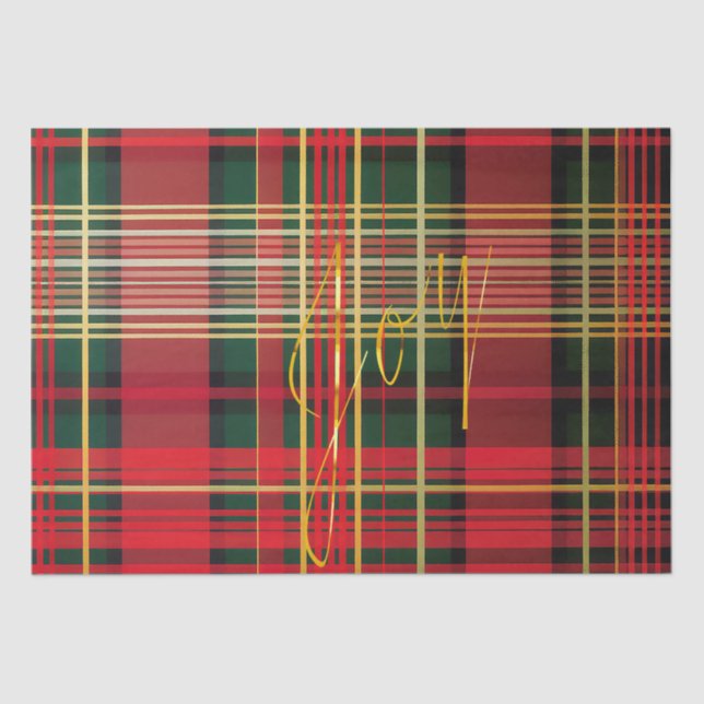 Elegant Red and Green Plaid 'Joy' Script Holiday Tissue Paper (Front)