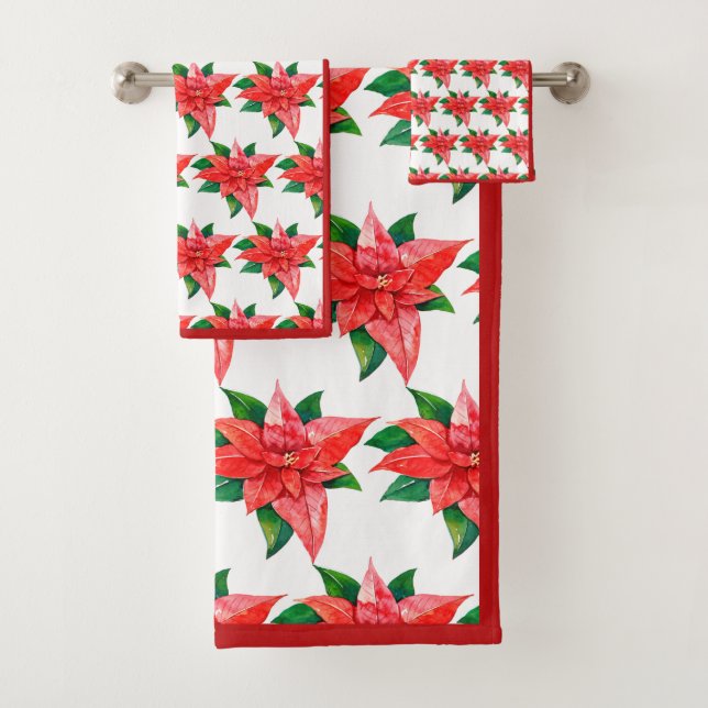 Elegant Red and Green Poinsettia Floral Christmas  Bath Towel Set (Insitu)