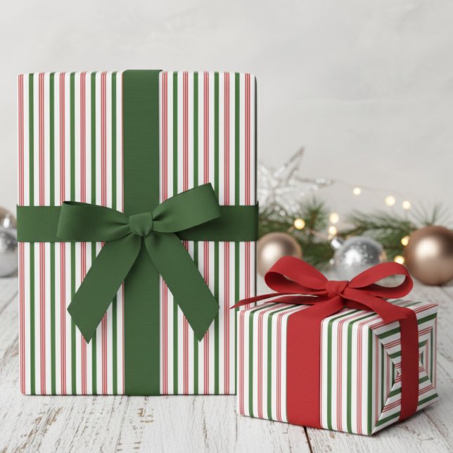 Elegant Red and Hunter Green Candy Cane Pinstripe Wrapping Paper (Elegant Modern Red and Hunter Green Pinstripe Candy Cane Pattern Wrapping Paper for Christmas Party)