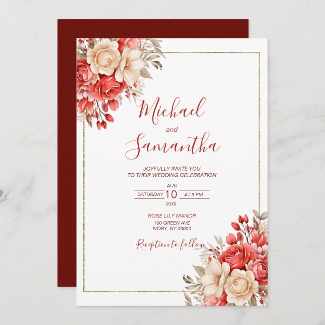 Elegant Red and Ivory Rose Wedding Invitation (Front/Back)