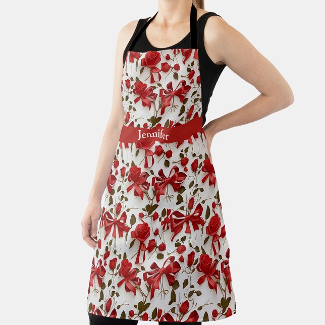 Elegant, red and pink bows and roses monogram apron (Creator Uploaded)
