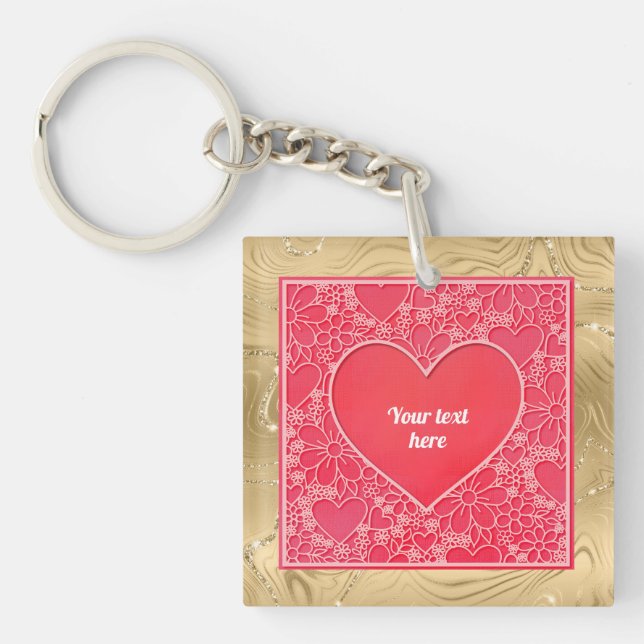 Elegant Red and Pink Floral Hearts Valentine's Day Key Ring (Front)