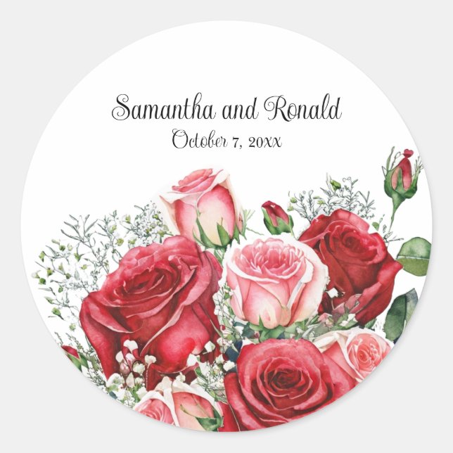 Elegant Red and Pink Roses Wedding Classic Round Sticker (Front)