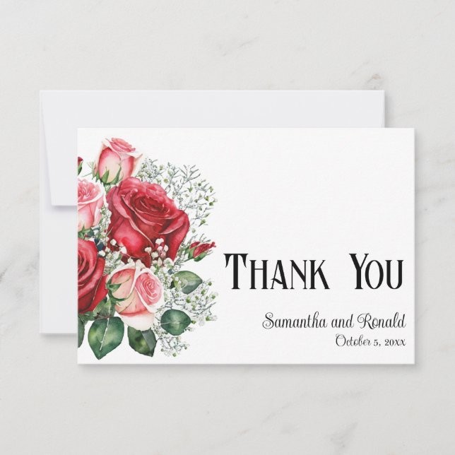 Elegant Red and Pink Roses Wedding Thank You Card (Front)