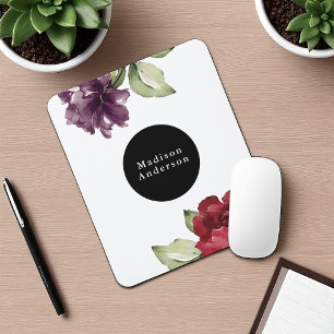 Elegant Red and Plum Watercolor Floral with Name Mouse Pad